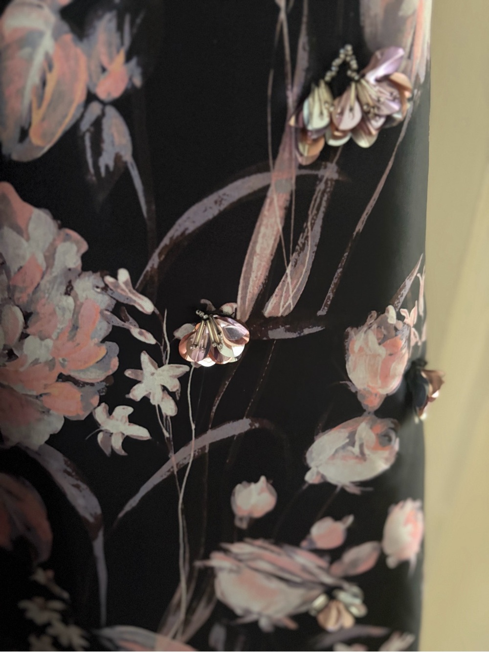 Theia Black V-Neck Long Sleeve Dress with Pink Floral Skirt - Picture 9 of 14
